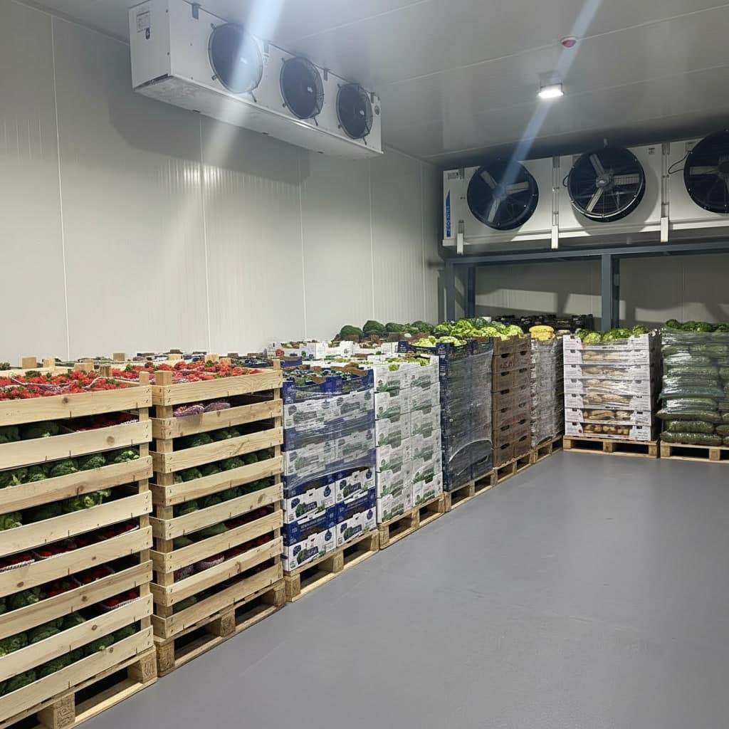 A worker in a warm jacket inspecting goods in a cold storage facility.